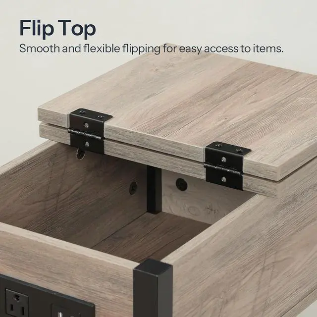 Alt view image 7 of 7 - End Table with Charging Station, Flip Top Side Table with USB Ports, Narrow Nightstand Bedside Tables with Storage Shelves, for Small Space, Living Room,Greige and Black BG141UBZ01
