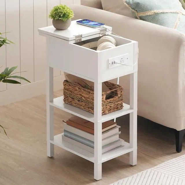 Alt view image 2 of 7 - End Table with Charging Station, Flip Top Side Table with USB Ports, Narrow Nightstand Bedside Tables with Storage Shelves, for Small Space, Living Room, White WT141UBZ01