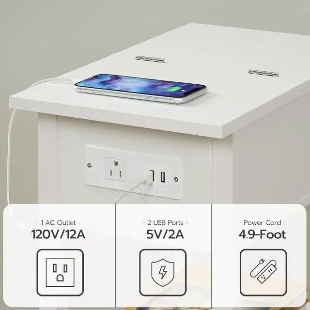 Alt view image 6 of 7 - End Table with Charging Station, Flip Top Side Table with USB Ports, Narrow Nightstand Bedside Tables with Storage Shelves, for Small Space, Living Room, White WT141UBZ01
