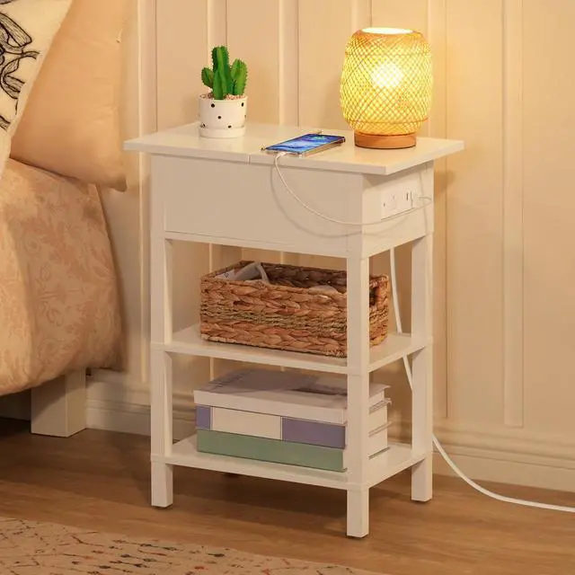 Alt view image 4 of 7 - End Table with Charging Station, Flip Top Side Table with USB Ports, Narrow Nightstand Bedside Tables with Storage Shelves, for Small Space, Living Room, White WT141UBZ01