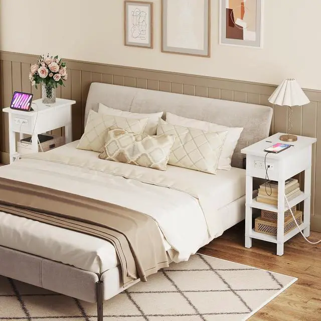 Alt view image 5 of 7 - End Table with Charging Station, Flip Top Side Table with USB Ports, Narrow Nightstand Bedside Tables with Storage Shelves, for Small Space, Living Room, White WT141UBZ01