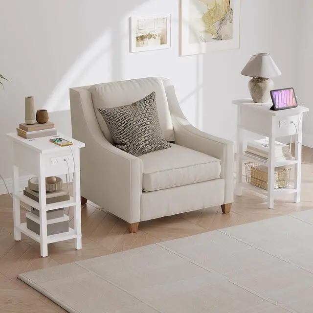 Alt view image 7 of 7 - End Table with Charging Station, Flip Top Side Table with USB Ports, Narrow Nightstand Bedside Tables with Storage Shelves, for Small Space, Living Room, White WT141UBZ01