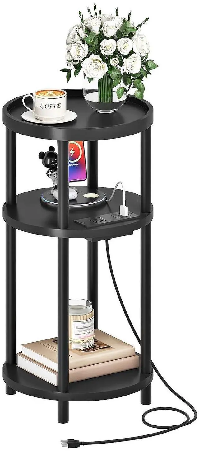 Main image of Small Round Side Table with Charging Station, 3-Tier Round Bamboo End Table, Compact Sofa Bedside Table for Small Space, Easy Assembly, for Living Room, Bedroom, Apartment, Black BB152UBZ01