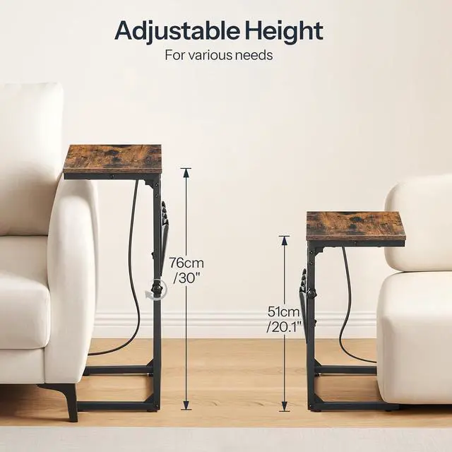 Alt view image 5 of 7 - C Shaped End Tables with Charging Station, Set of 2, 30 Adjustable Height Sofa Side Tables, Slide Under Couch Tables for Sofa Arm Tray, for Living Room, Bedroom, Rustic Brown BF77USFP201