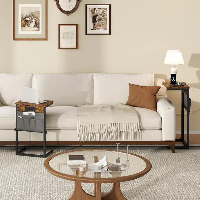 Alt view image 2 of 7 - C Shaped End Tables with Charging Station, Set of 2, 30 Adjustable Height Sofa Side Tables, Slide Under Couch Tables for Sofa Arm Tray, for Living Room, Bedroom, Rustic Brown BF77USFP201