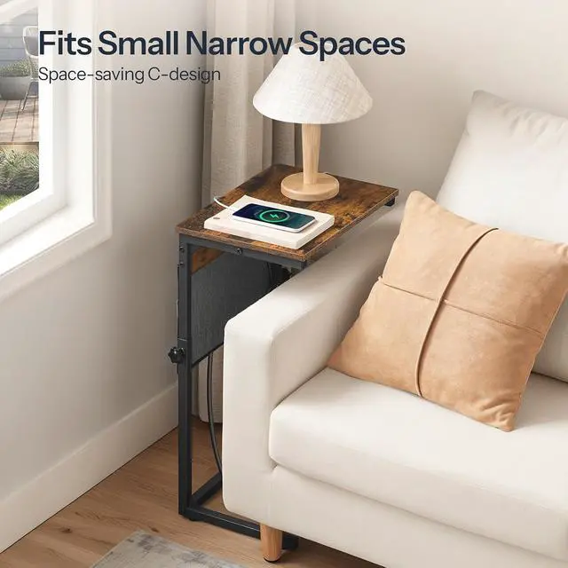 Alt view image 7 of 7 - C Shaped End Tables with Charging Station, Set of 2, 30 Adjustable Height Sofa Side Tables, Slide Under Couch Tables for Sofa Arm Tray, for Living Room, Bedroom, Rustic Brown BF77USFP201