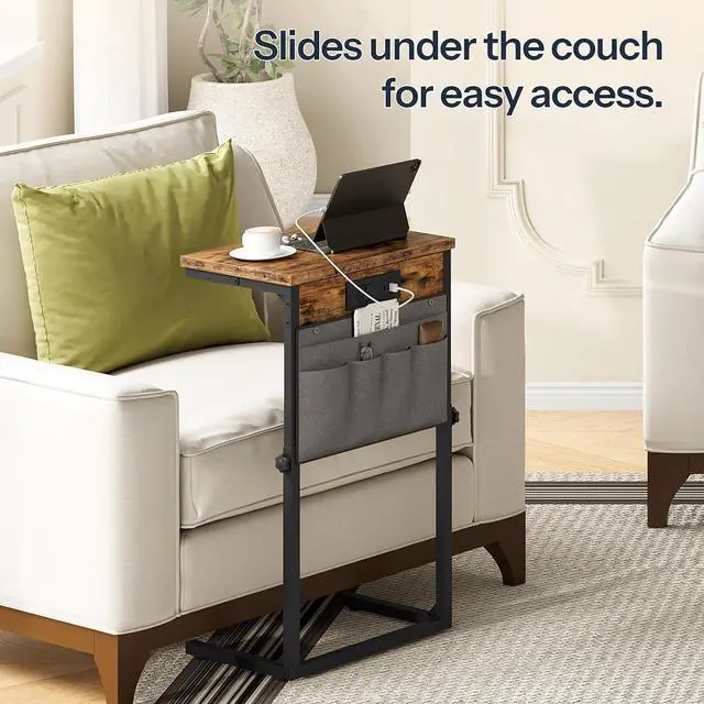 Alt view image 6 of 7 - C Shaped End Tables with Charging Station, Set of 2, 30 Adjustable Height Sofa Side Tables, Slide Under Couch Tables for Sofa Arm Tray, for Living Room, Bedroom, Rustic Brown BF77USFP201