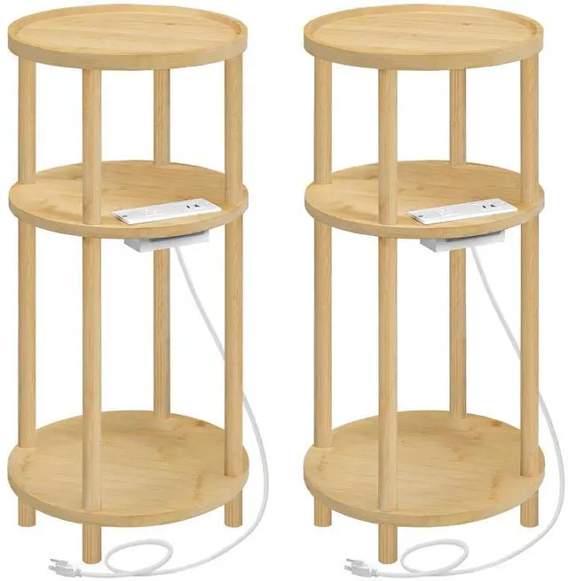 Main image of Set of 2 Small Round Side Tables with Charging Station, 3-Tier Round Bamboo End Tables, Easy Assembly, for Living Room, Bedroom, Apartment, Natural YL152UBZP201