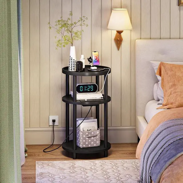 Alt view image 6 of 7 - Small Round Side Table with Charging Station, 3-Tier Round Bamboo End Table, Compact Sofa Bedside Table for Small Space, Easy Assembly, for Living Room, Bedroom, Apartment, Black BB152UBZ01