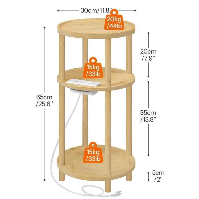 Alt view image 3 of 7 - Small Round Side Table with Charging Station, 3-Tier Round Bamboo End Table, Compact Sofa Bedside Table for Small Space, Easy Assembly, for Living Room, Bedroom, Apartment, Natural YL152UBZ01