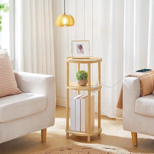 Alt view image 2 of 7 - Small Round Side Table with Charging Station, 3-Tier Round Bamboo End Table, Compact Sofa Bedside Table for Small Space, Easy Assembly, for Living Room, Bedroom, Apartment, Natural YL152UBZ01