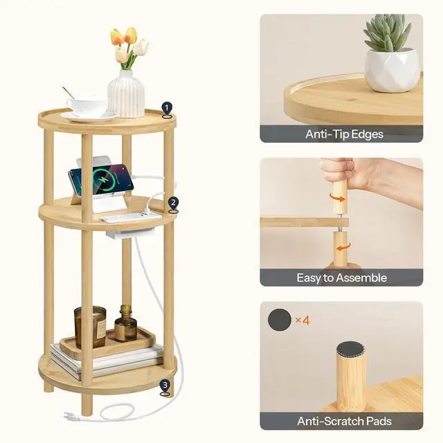 Alt view image 7 of 7 - Small Round Side Table with Charging Station, 3-Tier Round Bamboo End Table, Compact Sofa Bedside Table for Small Space, Easy Assembly, for Living Room, Bedroom, Apartment, Natural YL152UBZ01