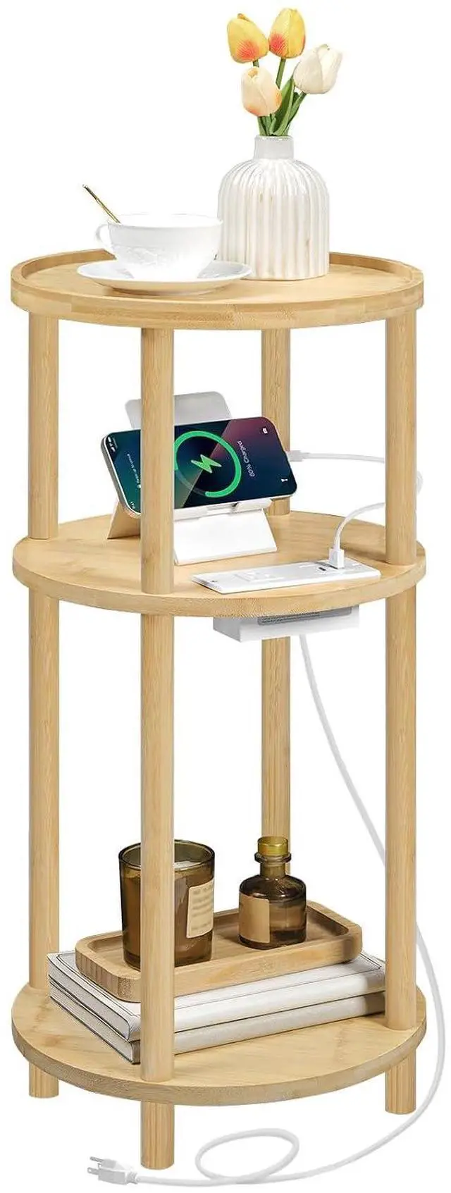 Main image of Small Round Side Table with Charging Station, 3-Tier Round Bamboo End Table, Compact Sofa Bedside Table for Small Space, Easy Assembly, for Living Room, Bedroom, Apartment, Natural YL152UBZ01
