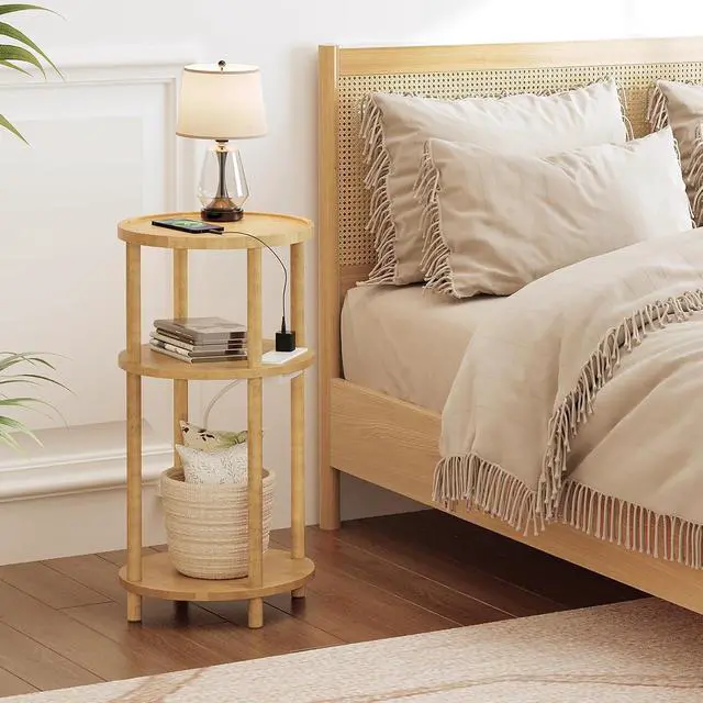 Alt view image 6 of 7 - Small Round Side Table with Charging Station, 3-Tier Round Bamboo End Table, Compact Sofa Bedside Table for Small Space, Easy Assembly, for Living Room, Bedroom, Apartment, Natural YL152UBZ01
