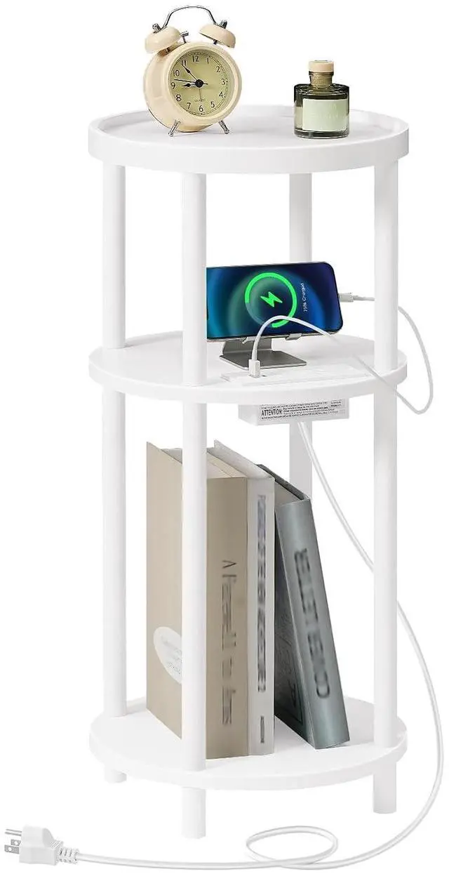 Main image of Small Round Side Table with Charging Station, 3-Tier Round Bamboo End Table, Compact Sofa Bedside Table for Small Space, Easy Assembly, for Living Room, Bedroom, Apartment, White WT152UBZ01