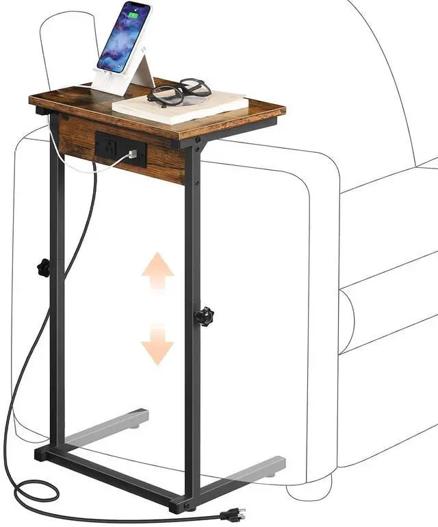 Main image of C-Shaped End Table with Charging Station, Adjustable Height Sofa Tray Side Table, Slide Under Couch Arm Table, Small C Side Table for Small Space in Living Room, Bedroom, Rustic Brown BF71USF01