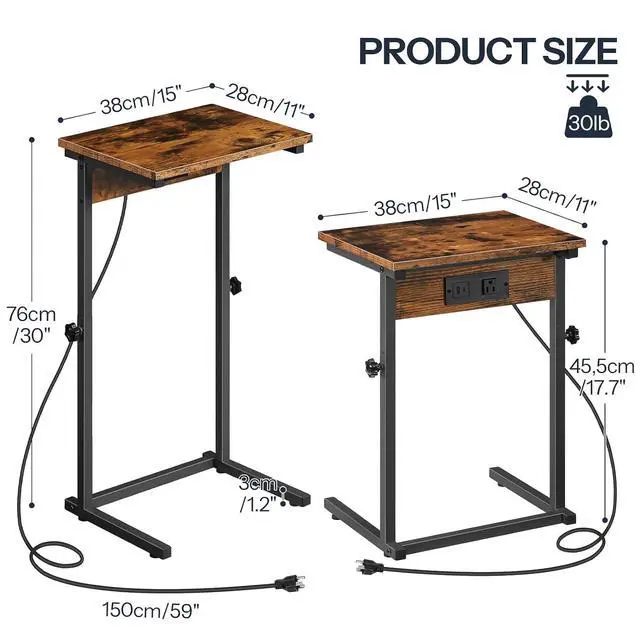 Alt view image 2 of 7 - C-Shaped End Table with Charging Station, Adjustable Height Sofa Tray Side Table, Slide Under Couch Arm Table, Small C Side Table for Small Space in Living Room, Bedroom, Rustic Brown BF71USF01