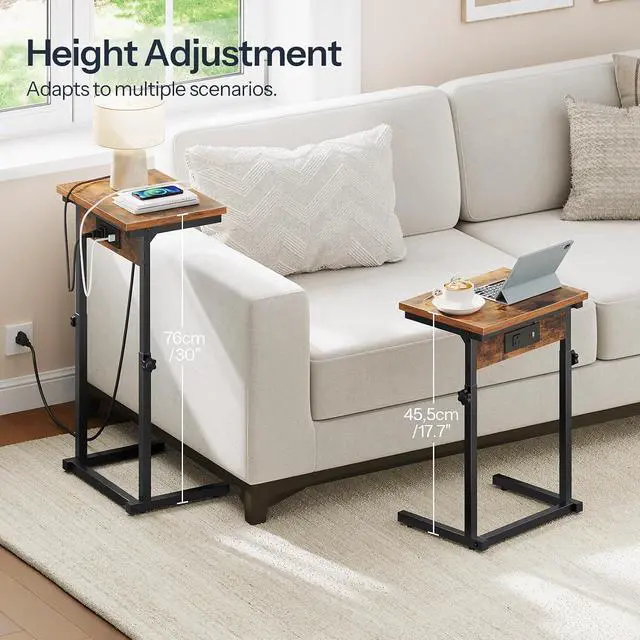 Alt view image 3 of 7 - C-Shaped End Table with Charging Station, Adjustable Height Sofa Tray Side Table, Slide Under Couch Arm Table, Small C Side Table for Small Space in Living Room, Bedroom, Rustic Brown BF71USF01