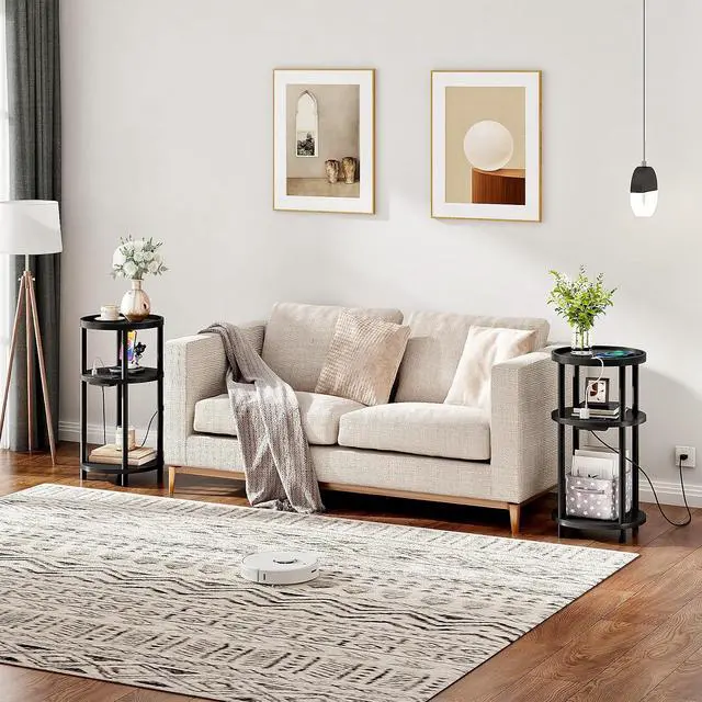 Alt view image 2 of 7 - Set of 2 Small Round Side Tables with Charging Station, 3-Tier Round Bamboo End Tables, Easy Assembly, for Living Room, Bedroom, Apartment, Black BB152UBZP201