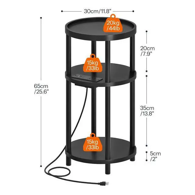 Alt view image 3 of 7 - Set of 2 Small Round Side Tables with Charging Station, 3-Tier Round Bamboo End Tables, Easy Assembly, for Living Room, Bedroom, Apartment, Black BB152UBZP201