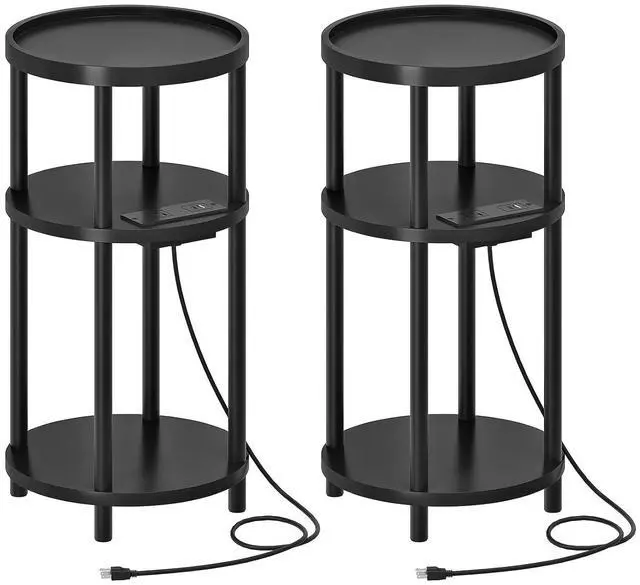 Main image of Set of 2 Small Round Side Tables with Charging Station, 3-Tier Round Bamboo End Tables, Easy Assembly, for Living Room, Bedroom, Apartment, Black BB152UBZP201