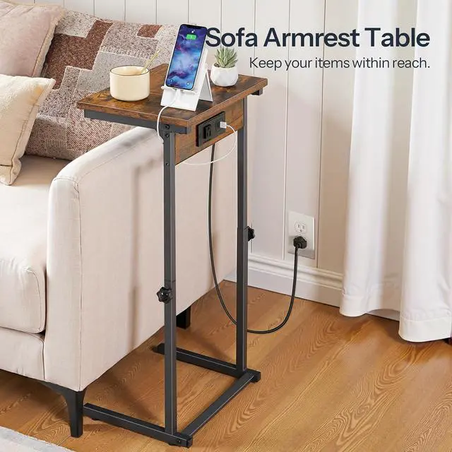 Alt view image 6 of 7 - C-Shaped End Table with Charging Station, Adjustable Height Sofa Tray Side Table, Slide Under Couch Arm Table, Small C Side Table for Small Space in Living Room, Bedroom, Rustic Brown BF71USF01