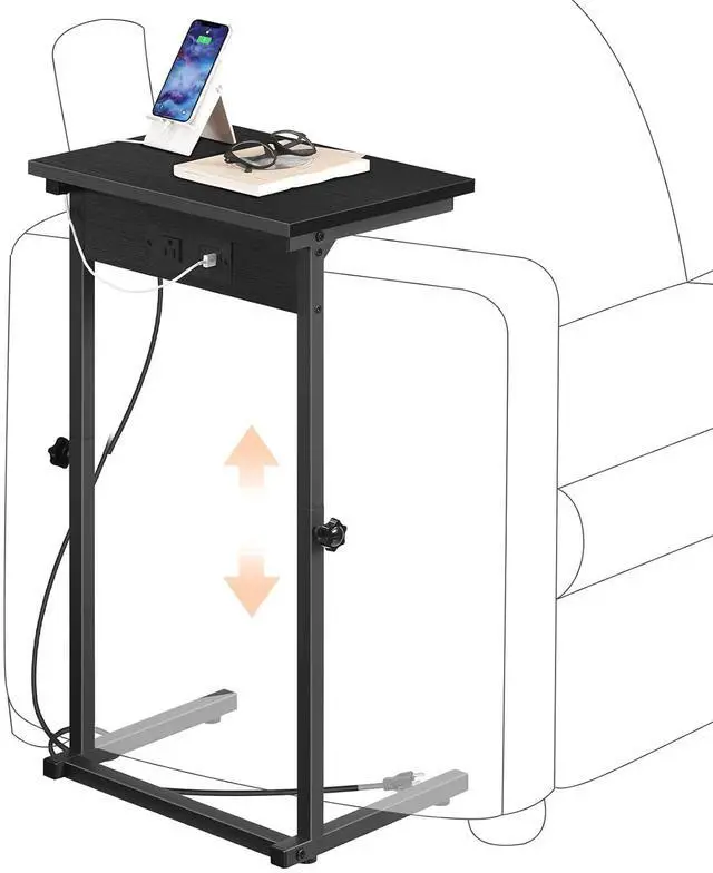 Main image of C-Shaped End Table with Charging Station, Adjustable Height Sofa Tray Side Table, Slide Under Couch Arm Table, Small C Side Table for Small Space in Living Room, Bedroom, Black BB71USF01