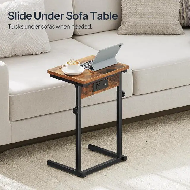 Alt view image 5 of 7 - C-Shaped End Table with Charging Station, Adjustable Height Sofa Tray Side Table, Slide Under Couch Arm Table, Small C Side Table for Small Space in Living Room, Bedroom, Rustic Brown BF71USF01