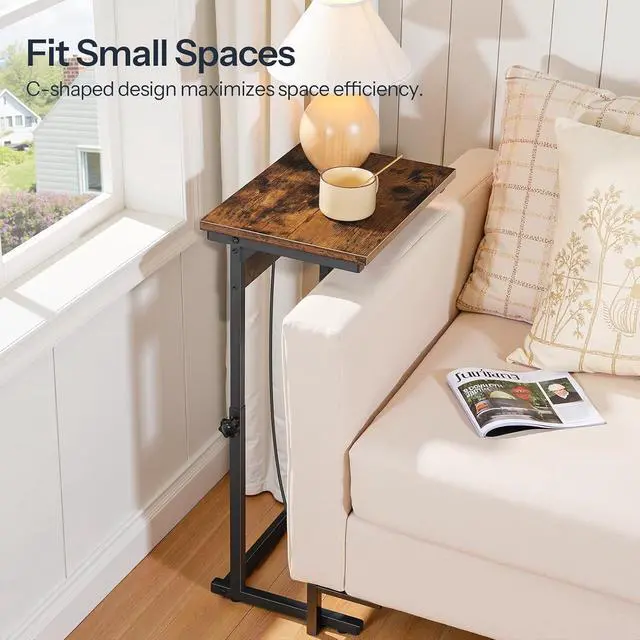 Alt view image 7 of 7 - C-Shaped End Table with Charging Station, Adjustable Height Sofa Tray Side Table, Slide Under Couch Arm Table, Small C Side Table for Small Space in Living Room, Bedroom, Rustic Brown BF71USF01