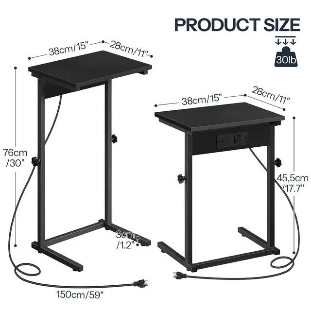Alt view image 2 of 7 - C-Shaped End Table with Charging Station, Adjustable Height Sofa Tray Side Table, Slide Under Couch Arm Table, Small C Side Table for Small Space in Living Room, Bedroom, Black BB71USF01