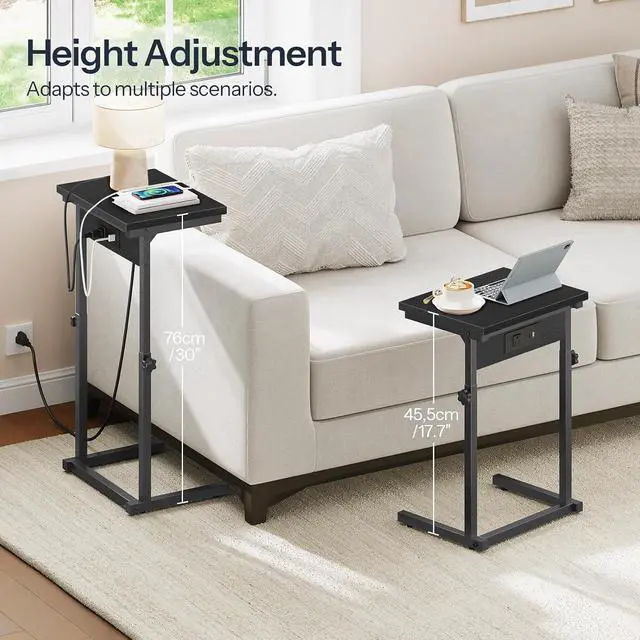 Alt view image 3 of 7 - C-Shaped End Table with Charging Station, Adjustable Height Sofa Tray Side Table, Slide Under Couch Arm Table, Small C Side Table for Small Space in Living Room, Bedroom, Black BB71USF01