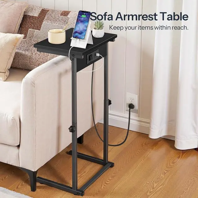 Alt view image 5 of 7 - C-Shaped End Table with Charging Station, Adjustable Height Sofa Tray Side Table, Slide Under Couch Arm Table, Small C Side Table for Small Space in Living Room, Bedroom, Black BB71USF01