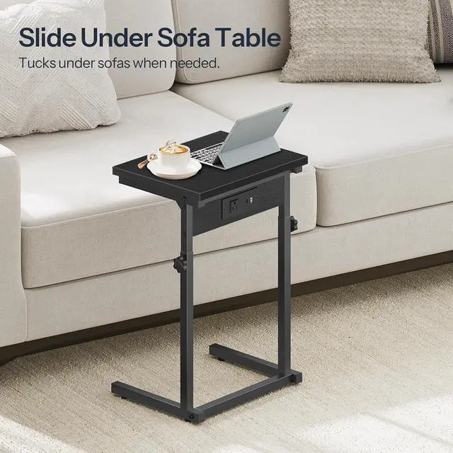 Alt view image 6 of 7 - C-Shaped End Table with Charging Station, Adjustable Height Sofa Tray Side Table, Slide Under Couch Arm Table, Small C Side Table for Small Space in Living Room, Bedroom, Black BB71USF01