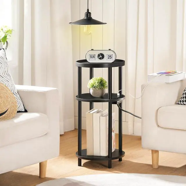 Alt view image 6 of 7 - Set of 2 Small Round Side Tables with Charging Station, 3-Tier Round Bamboo End Tables, Easy Assembly, for Living Room, Bedroom, Apartment, Black BB152UBZP201