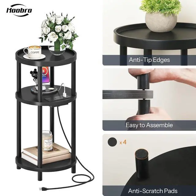 Alt view image 7 of 7 - Set of 2 Small Round Side Tables with Charging Station, 3-Tier Round Bamboo End Tables, Easy Assembly, for Living Room, Bedroom, Apartment, Black BB152UBZP201