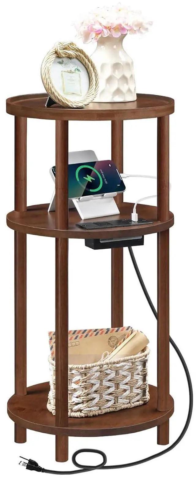 Main image of Small Round Side Table with Charging Station, 3-Tier Round Bamboo End Table, Compact Sofa Bedside Table for Small Space, Easy Assembly, for Living Room, Bedroom, Apartment, Mocha MA152UBZ01