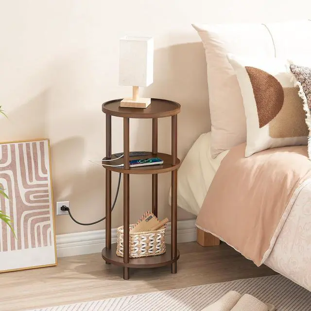 Alt view image 6 of 7 - Small Round Side Table with Charging Station, 3-Tier Round Bamboo End Table, Compact Sofa Bedside Table for Small Space, Easy Assembly, for Living Room, Bedroom, Apartment, Mocha MA152UBZ01