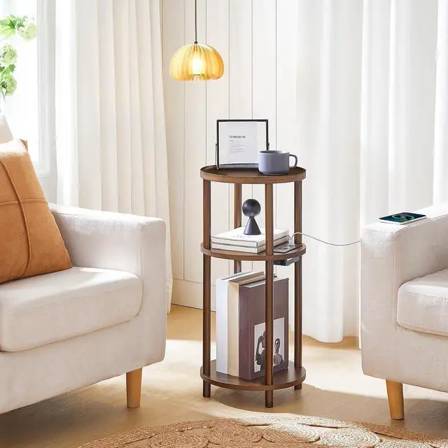 Alt view image 5 of 7 - Small Round Side Table with Charging Station, 3-Tier Round Bamboo End Table, Compact Sofa Bedside Table for Small Space, Easy Assembly, for Living Room, Bedroom, Apartment, Mocha MA152UBZ01