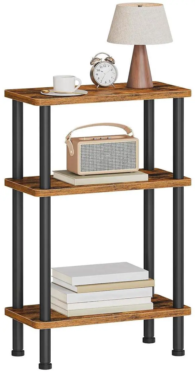 Main image of Narrow Side Table, 3-Tier Slim End Table No Tools Needed, Twist-On Assembly, Skinny Nightstand Sofa Storage Shelf for Living Room, Bedroom, Study, Rustic Brown and Black BF246BZ01N1