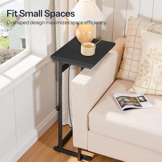 Alt view image 7 of 7 - C-Shaped End Table with Charging Station, Adjustable Height Sofa Tray Side Table, Slide Under Couch Arm Table, Small C Side Table for Small Space in Living Room, Bedroom, Black BB71USF01