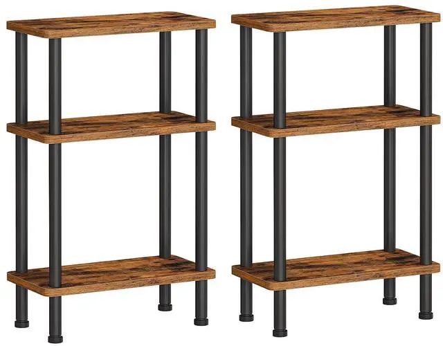 Main image of Narrow Side Table Set of 2, 3-Tier Slim End Table No Tools Needed, Twist-On Assembly, Skinny Nightstand Sofa Storage Shelf for Living Room, Bedroom, Study, Rustic Brown and Black BF246BZP201