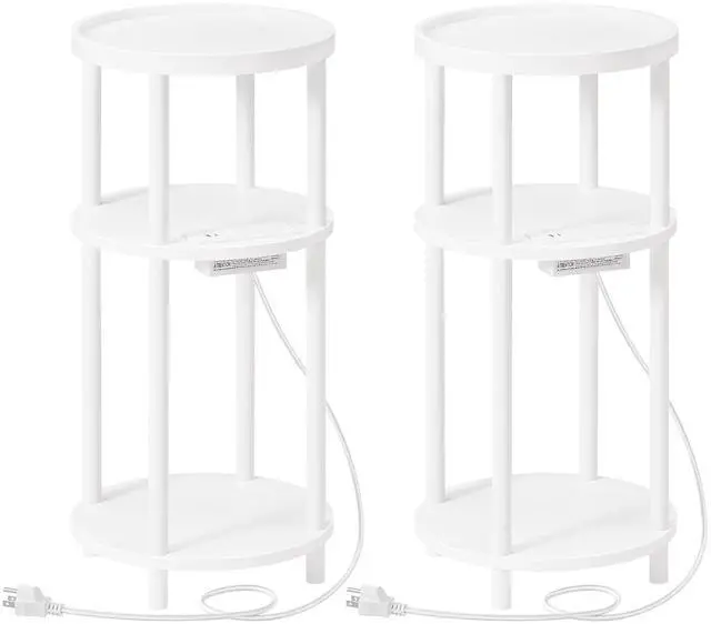 Main image of Set of 2 Small Round Side Tables with Charging Station, 3-Tier Round Bamboo End Tables, Easy Assembly, for Living Room, Bedroom, Apartment, White WT152UBZP201