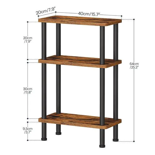 Alt view image 3 of 7 - Narrow Side Table, 3-Tier Slim End Table No Tools Needed, Twist-On Assembly, Skinny Nightstand Sofa Storage Shelf for Living Room, Bedroom, Study, Rustic Brown and Black BF246BZ01N1