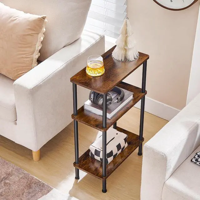 Alt view image 2 of 7 - Narrow Side Table, 3-Tier Slim End Table No Tools Needed, Twist-On Assembly, Skinny Nightstand Sofa Storage Shelf for Living Room, Bedroom, Study, Rustic Brown and Black BF246BZ01N1