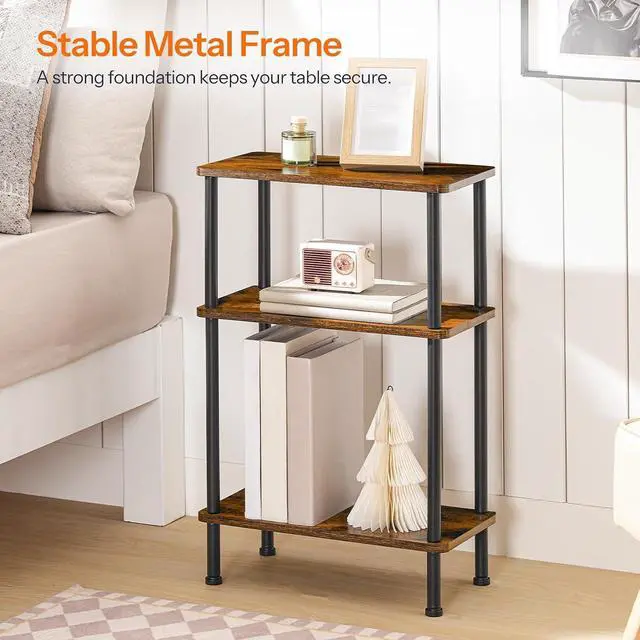 Alt view image 4 of 7 - Narrow Side Table, 3-Tier Slim End Table No Tools Needed, Twist-On Assembly, Skinny Nightstand Sofa Storage Shelf for Living Room, Bedroom, Study, Rustic Brown and Black BF246BZ01N1