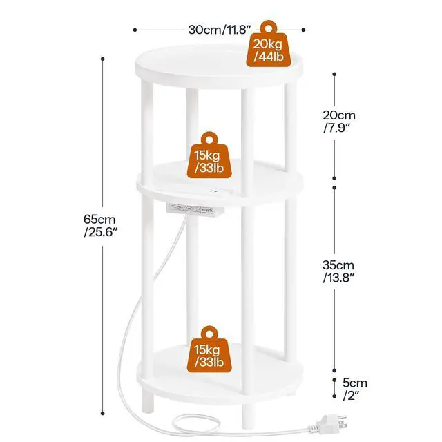 Alt view image 3 of 7 - Small Round Side Table with Charging Station, 3-Tier Round Bamboo End Table, Compact Sofa Bedside Table for Small Space, Easy Assembly, for Living Room, Bedroom, Apartment, White WT152UBZ01