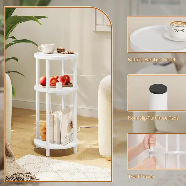 Alt view image 4 of 7 - Small Round Side Table with Charging Station, 3-Tier Round Bamboo End Table, Compact Sofa Bedside Table for Small Space, Easy Assembly, for Living Room, Bedroom, Apartment, White WT152UBZ01