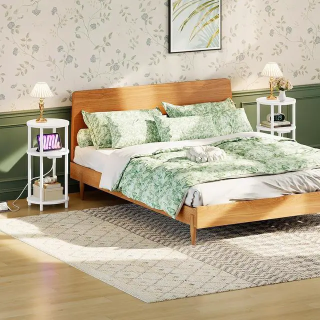 Alt view image 6 of 7 - Small Round Side Table with Charging Station, 3-Tier Round Bamboo End Table, Compact Sofa Bedside Table for Small Space, Easy Assembly, for Living Room, Bedroom, Apartment, White WT152UBZ01