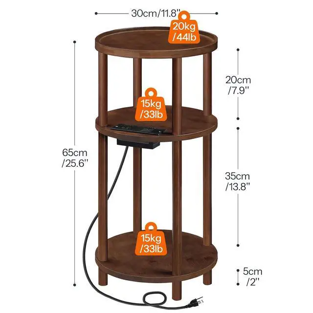 Alt view image 3 of 7 - Set of 2 Small Round Side Tables with Charging Station, 3-Tier Round Bamboo End Tables, Compact Sofa Bedside Tables, Easy Assembly, for Living Room, Bedroom, Apartment, Mocha MA152UBZP201