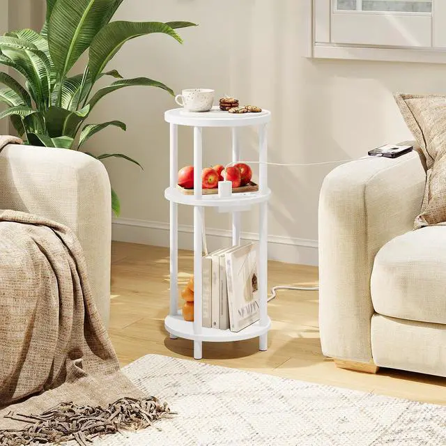 Alt view image 7 of 7 - Set of 2 Small Round Side Tables with Charging Station, 3-Tier Round Bamboo End Tables, Easy Assembly, for Living Room, Bedroom, Apartment, White WT152UBZP201